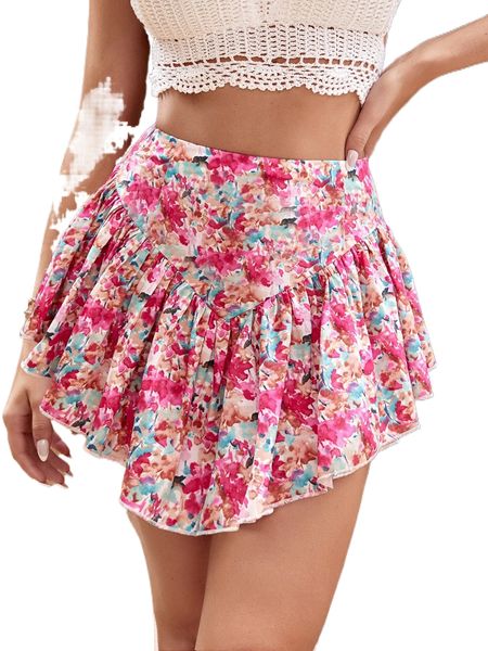 

allover floral print ruffle hem skirt 80qm#, Black