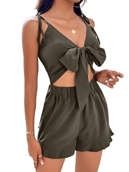 

petite cut out tie front shirred back ruffle hem cami romper g63s#, Black;white