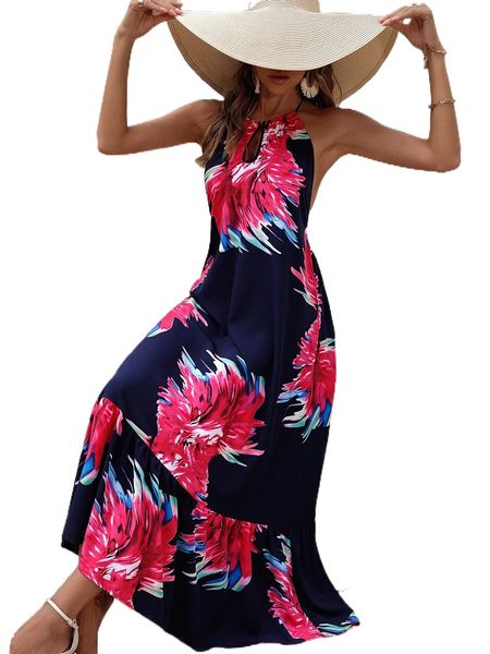 

floral print cut out tie backless ruffle hem halter dress k6vv#, Black;gray