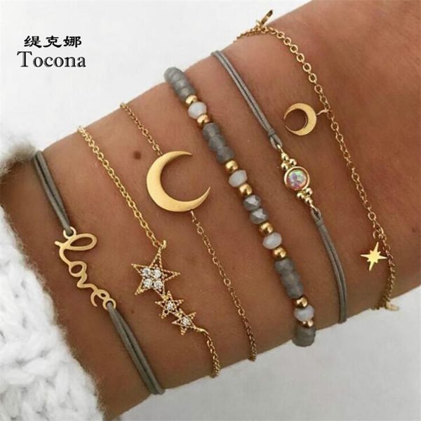 

tocona bohemia love moon bracelets for women charms bead gold star clear crystal stone letter rope jewelry accessories 6523 220726, Black