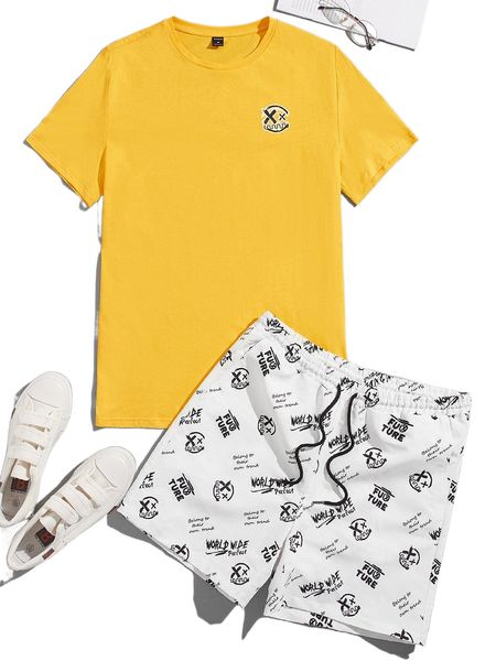 

men cartoon graphic tee & slogan graphic drawstring waist shorts q6hx#, Gray