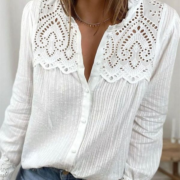 

loose women blouses autumn lace women shirt fashion casual round neck long sleeve women blouses 220407, White
