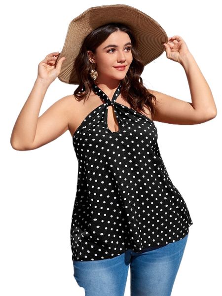 

plus polka dot cut out backless halter h5qp#, Black