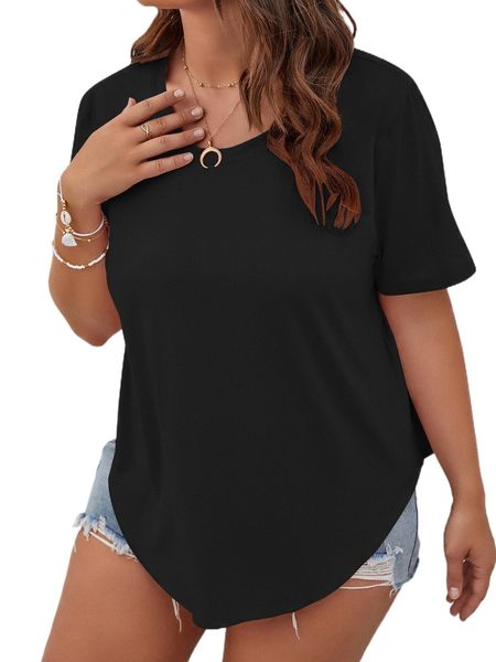 

plus solid curved hem tee 647i#, Black