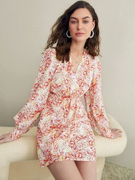 

allover floral print wrap dress k5na#, Black;gray