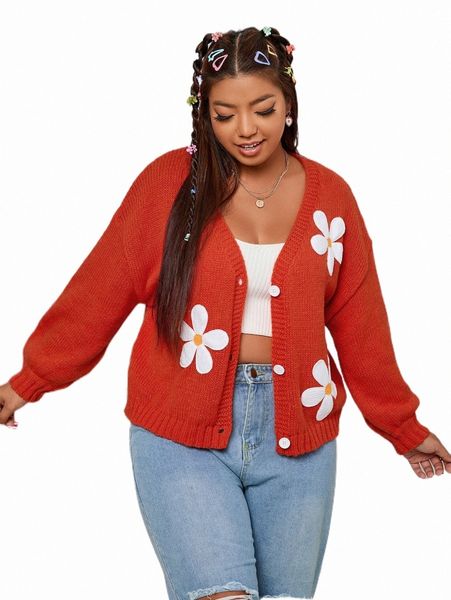 

plus floral patched drop shoulder cardigan v1a4#, Black