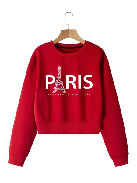

eiffel tower & slogan graphic thermal sweatshirt b1w6#, Black