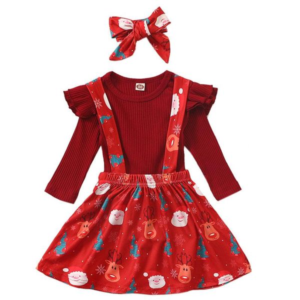 Conjuntos de roupas 3 pcs meninas bebê christmas strap vestido vermelho poço de malha t-shirt de plissado + santa claus macacão roupas para pouco 9m 12m