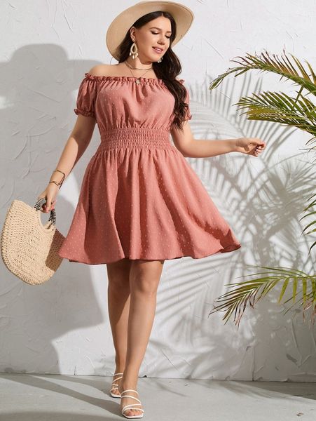 

plus swiss dot off shoulder shirred flared dress 78vg#, Black