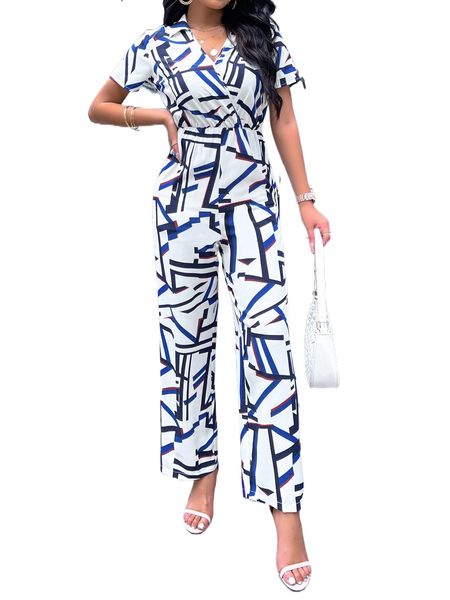 

random geometric print shirt jumpsuit v25l#, Black;white