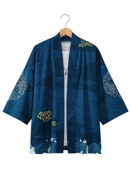 

men crane print drop shoulder open front kimono without tee g1se#, White;black