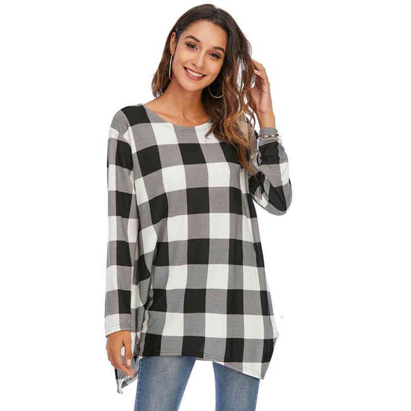 

women's t-shirt large loose print check women's long sleeved t-shirt gxlj, White