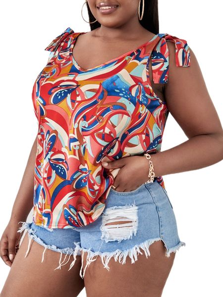 

sxy plus graphic print tie shoulder blouse 24c9#, Black