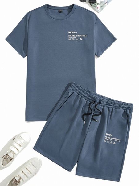 

men slogan graphic tee & track shorts set 50k9#, Gray