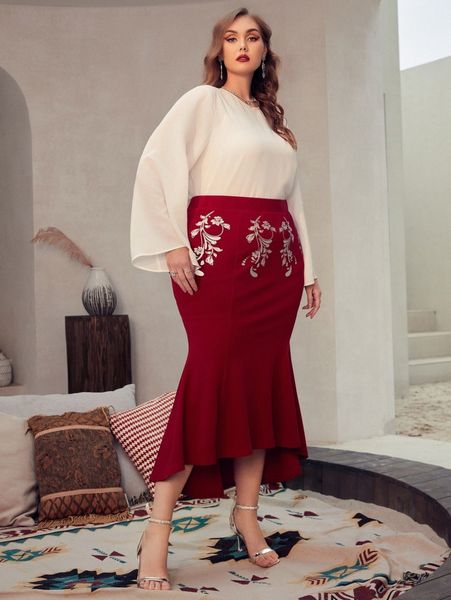 

plus solid keyhole back & floral print mermaid hem skirt y4do#, Black