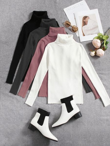 

4pcs solid turtleneck ribbed knit sweater d8fl#, White;black