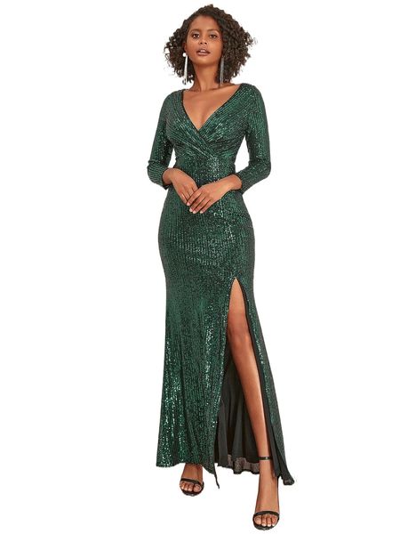 

ever-pretty surplice neck split thigh sequin prom dress x4g8#, Black;gray
