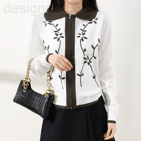 

women's knits & tees designer []early autumn french embroidery knitwear women's short lapel zipper thin light mature style blouse, White