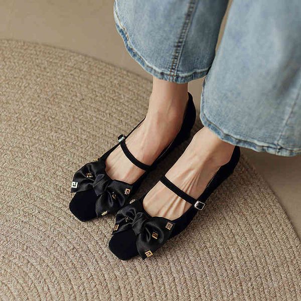 

boots korean bow one line buckle mary jane shoes women's thick heels spring and autumn leather square head single shoe middle heel m1w7, Black