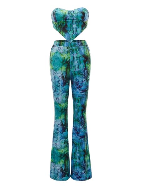 

allover print hanky hem tube & flare leg pants w30w#, White