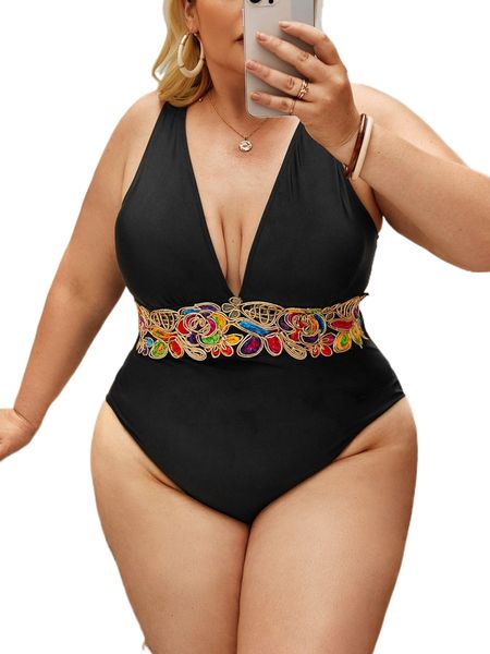 

plus appliques tie back one piece swimsuit h53j#, White;black