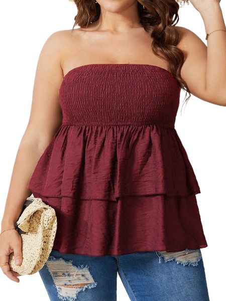 

plus shirred layered ruffle hem p4ft#, Black
