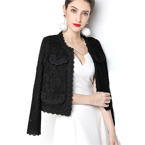 Mulheres elegantes de peonfly Blazer de manga longa Hollow out fêmea casaco feminino de renda de retalhos Office Ladies Outwear preto branco plus size 210915