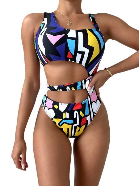 

random heart & geo print cut out one piece swimsuit g2ob#, White;black
