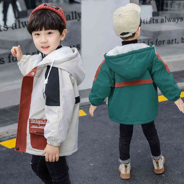 

4-12 year winter boys coat splicing plus velvet thick keep warm outerwear for kids handsome birthday christmas children coat j220718, Blue;gray