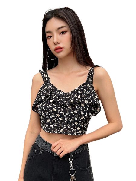 

dazy ditsy floral print ruffle trim tie backless cami o3ga#, White
