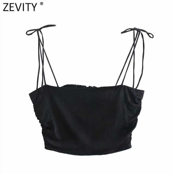 

zevity women spaghetti strap black white color chic camis tank ladies summer back elastic pleated short sling crop ls9070 210603, Red;black
