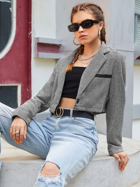 

lapel neck houndstooth print crop tweed blazer t2eb#, White