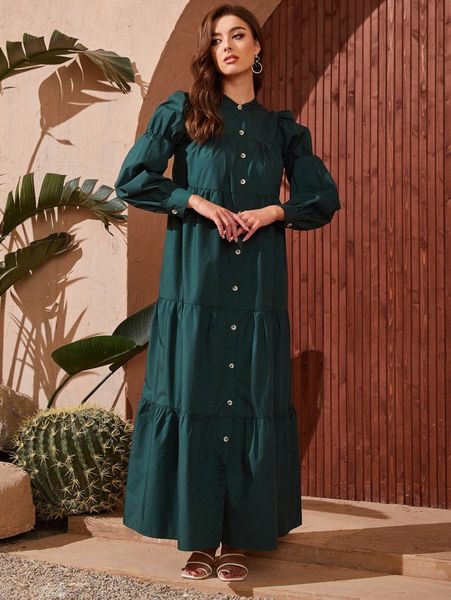 

gathered sleeve button front smock dress t113#, Black;gray