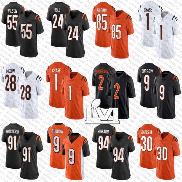 

1 jamarr chase 9 joe burrow 2 evan mcpherson custom football jerseys tee higgins jessie bates iii logan wilson mixon trey hendrickson sam, Black