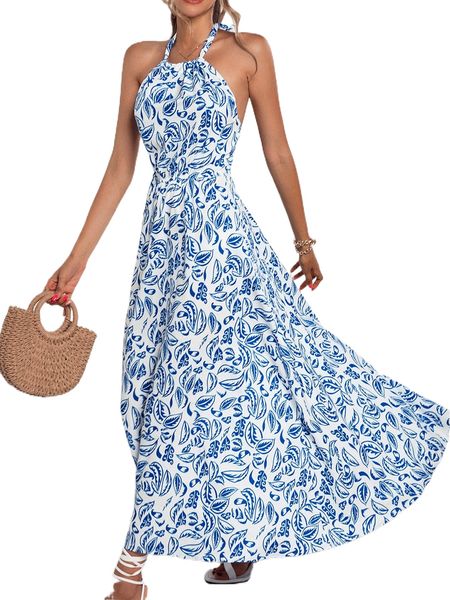 

allover print tie back halter dress x32h#, Black;gray