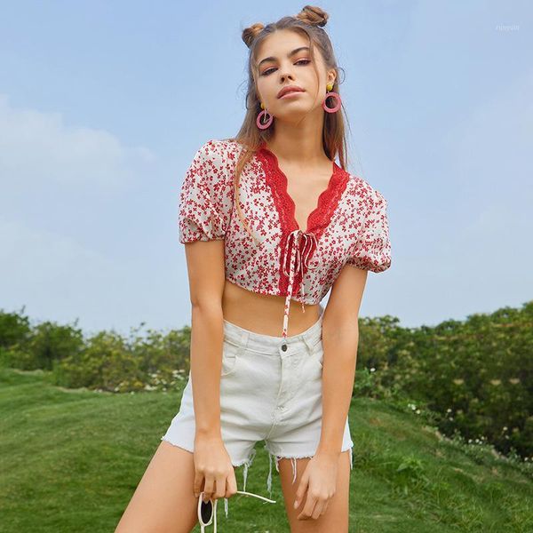 Женская футболка Summer 2022 Super-Cort Floral Print Top Top Top Женская струна с короткими рукава