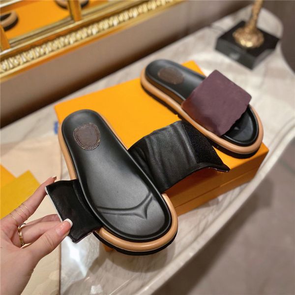 

designers women velcro slippers pool pillow comfort sandals smooth calfskin flat letter mules fashionable easy-to-wear rubber bottom width s, Black