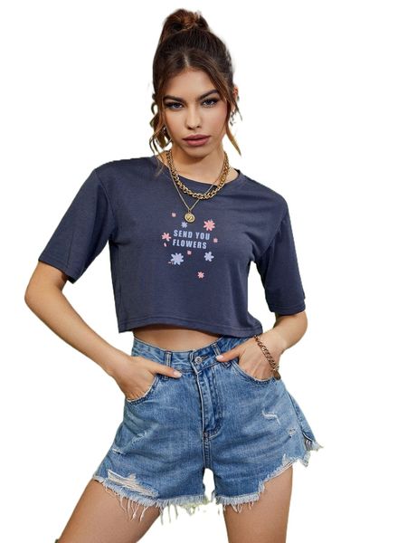 

floral & slogan graphic crop tee e3xs#, White