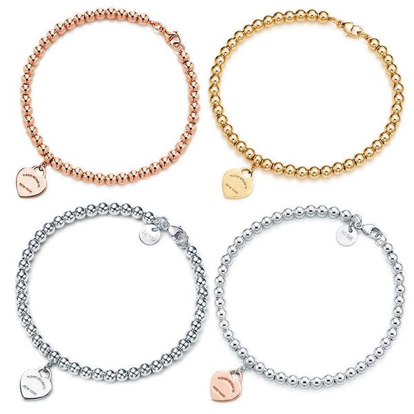 

designer jewelry t 925 silver 4mm round bead love heart-shaped bracelet female thickened silver bottom plating for girlfriend souvenir gift, Red;brown