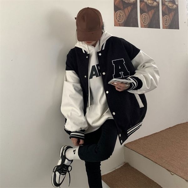 

autumn vintage baseball jacket hip hop harajuku letter patchwork leather bomber jacket korean casual style streetwear loose coat 220817, Black;brown