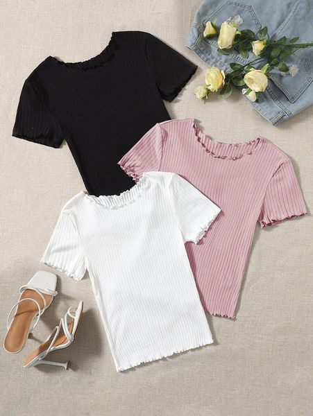 

3pcs lettuce trim ribbed knit tee s2zb#, White