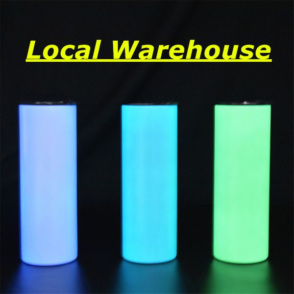 Local Warehouse 20oz STRAIGHT Sublimation Glow Tumblers White Glows Green Blue In The Dark Bottiglie d'acqua in acciaio inossidabile Bicchieri a doppio isolamento A12