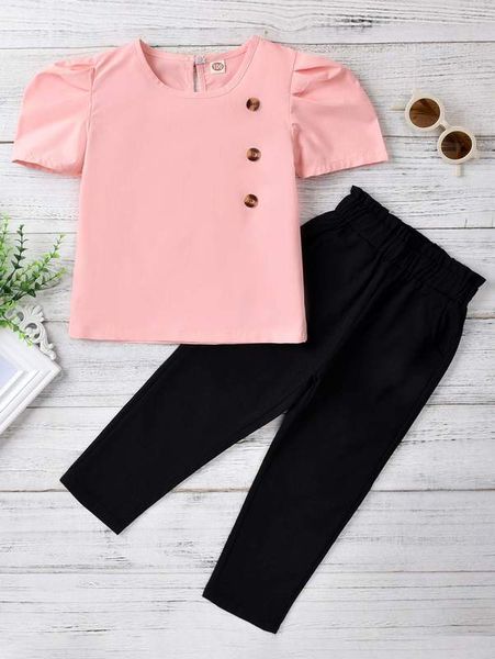 

toddler girls puff sleeve & paperbag waist pants she, White