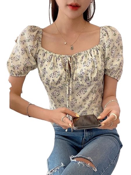 

dazy ditsy floral tie front puff sleeve tie back blouse w2hm#, White