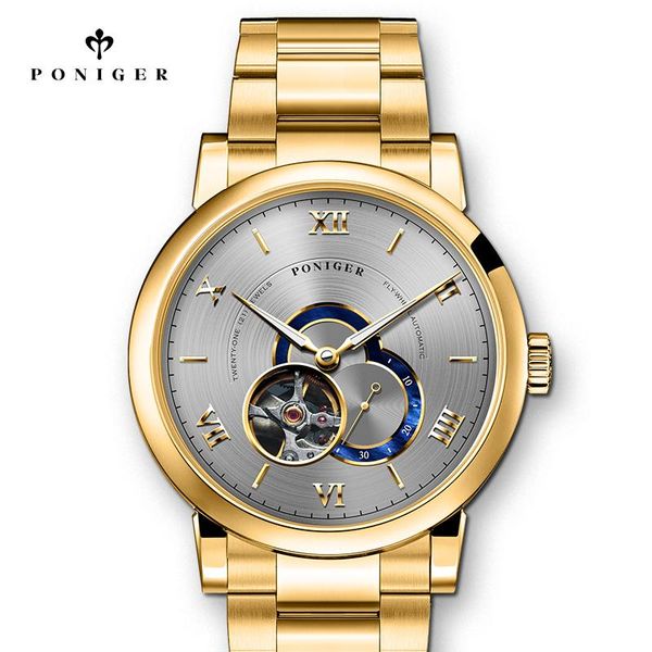 

wristwatches poniger men's watch japan flywheel automatic mechanical watches men skeleton sapphire 50m waterproof clock p68, Slivery;brown