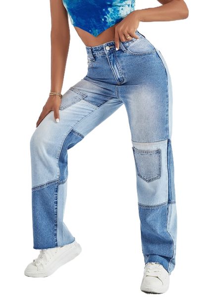 

two tone high waist raw cut straight leg jeans k9r5#, Blue