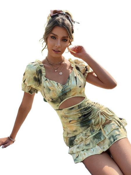 

tie dye cut out puff sleeve ruched drawstring layered hem dress 13da#, Black;gray
