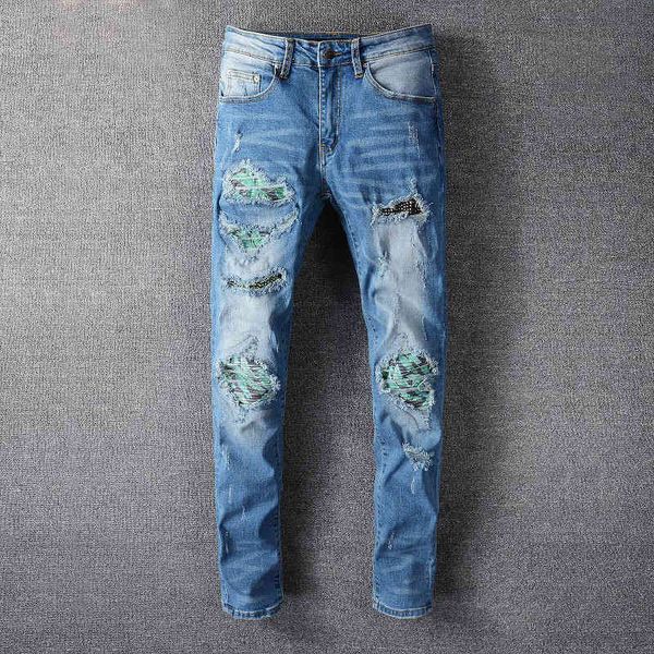 

men's jeans fashionable high street fashion brand hole patch water wash elastic slim fit small foot casual cowboy men's pants m63o, Blue