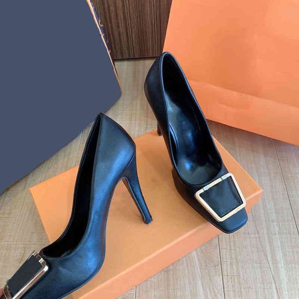 

sandals square head high heels women's autumn metal buckle shallow mouth thin heel patent leather commuting shoes casual single women, Black
