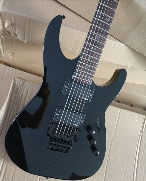 

6 string black electric guitar 24 frets rosewood fretboard